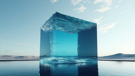 Giant transparent cube filled with glowing water and shimmering waves symbolizes a serene space of hidden mysteries, creativity, and depth in a minimalist settingの素材