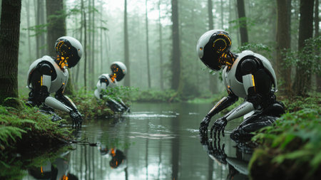 Robots restore ecosystems by cleaning river. Vision of automated technology harmonizing with nature for sustainability and renewalの素材