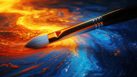 Digital paintbrush crafts vibrant art on a holographic canvas, surrounded by dynamic tools, symbolizing intelligent assistance and limitless creative potentialの素材