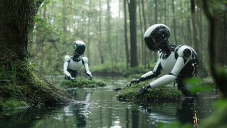 Robots restore ecosystems by cleaning river. Vision of automated technology harmonizing with nature for sustainability and renewalの素材