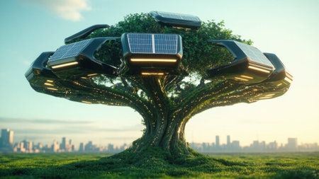 Tree with solar panels and sensors on its branches symbolizes the seamless integration of nature and technology, representing innovation and environmental harmonyの素材