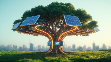 Tree with solar panels and sensors on its branches symbolizes the seamless integration of nature and technology, representing innovation and environmental harmonyの素材