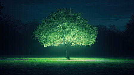 Tree with luminous green leaves softly lights pathways in a park, blending nature with innovation. A vision of eco-friendly natural nighttime illuminationの素材