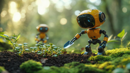 Small robots equipped with tools plant and care for greenery in a vibrant landscape. A vision of automation aiding ecological restoration and harmony with natureの素材
