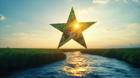 Radiant star with rays formed by solar panels, wind turbines, forests, and rivers symbolizes humanitys journey toward harmony and renewable energy progressの素材