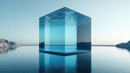 Giant transparent cube filled with glowing water and shimmering waves symbolizes a serene space of hidden mysteries, creativity, and depth in a minimalist settingの素材
