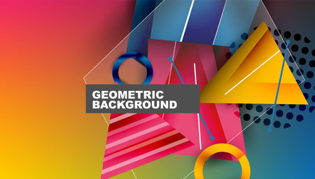 Abstract background - overlapping circles, rectangles, and triangles with vibrant gradients. Semi-transparent shapes create depth and balanceのイラスト素材