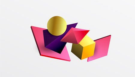 Abstract design showcasing isometric cubes, pyramids, squares, and spheres in a vibrant 3D layout. Modern and dynamic, perfect for tech, design, or futuristic themesのイラスト素材