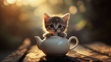Curious kitten pokes its head out of a teapot spout, creating a whimsical moment of charm and surprise. A delightful combination of cuteness and curiosityの素材