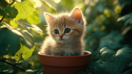 Fluffy kitten rests in a flower pot surrounded by green leaves, combining the charm of nature and cuteness. A peaceful and harmonious scene of pure delightの素材