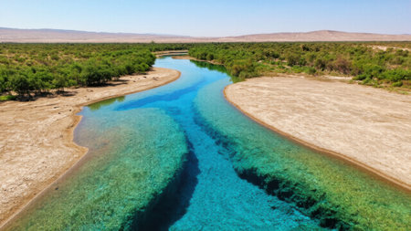 Crystal-clear artificial rivers flow through deserts, transforming barren land into thriving ecosystems. A vision of technology revitalizing nature for a sustainable futureの素材