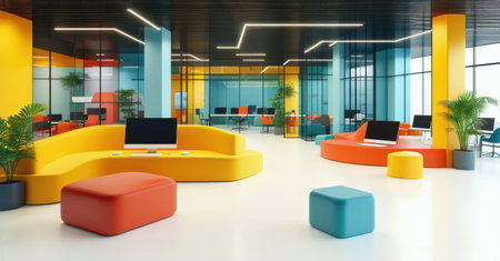 Modern coworking space with vibrant yellow, pink, and blue walls, stylish furniture, large windows, and contemporary lighting, creating a dynamic and creative work environment with a futuristic designの素材