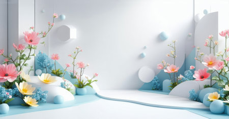 Minimalist floral arrangement with pastel pink and yellow flowers, soft blue accents, modern abstract background, delicate blossoms, gentle lighting, paper craft aesthetics, elegant artistic sceneの素材