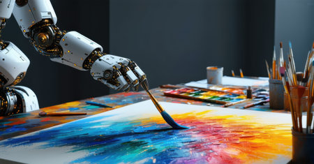 Robotic arm paints vibrant abstract artwork on canvas, blending technology with creativity. Fusion of AI, automation, artistic expression redefines modern digital art innovationの素材
