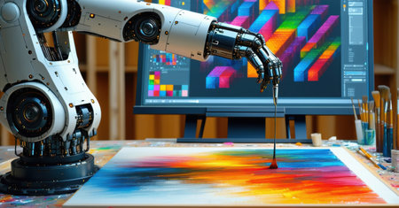 Robotic arm paints vibrant abstract artwork on canvas, blending technology with creativity. Fusion of AI, automation, artistic expression redefines modern digital art innovationの素材