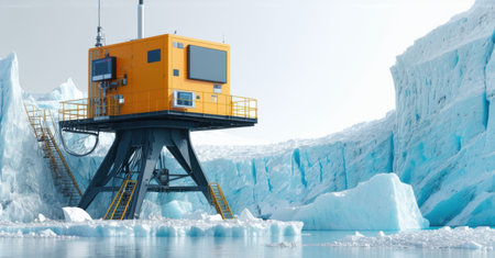 Glacier melt monitoring station perched on a crumbling ice shelf, transmitting climate change data. A beacon of scientific research in a frozen landscape, tracking environmental shiftsの素材
