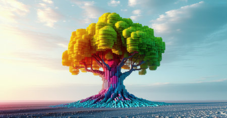 Colossal tree standing alone in barren wasteland, last survivor of ancient forest. Vibrant foliage, twisted roots, cracked earth, stark contrast of life, desolation, resilience, renewal transformationの素材