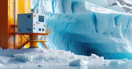 Glacier melt monitoring station perched on a crumbling ice shelf, transmitting climate change data. A beacon of scientific research in a frozen landscape, tracking environmental shiftsの素材