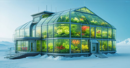 Futuristic greenhouse in Arctic preserving rare plants once thought extinct due to climate change. Advanced biodome technology supports lush greenery in frozen landscapeの素材