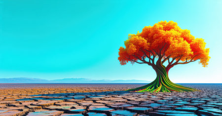 Colossal tree standing alone in barren wasteland, last survivor of ancient forest. Vibrant foliage, twisted roots, cracked earth, stark contrast of life, desolation, resilience, renewal transformationの素材