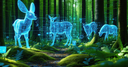 Futuristic forest where artificial intelligence monitors and protects wildlife in real time. Digital interfaces blend with nature, ensuring environmental balanceの素材