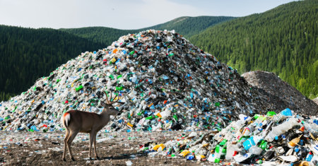Massive landfill in middle of forest, with deer cautiously walking around mountains of plastic waste. Stark contrast between untouched nature and human pollutionの素材