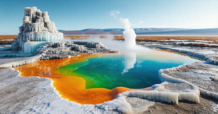 Massive geothermal hot spring oasis surrounded by icy tundra with vibrant mineral deposits creating surreal contrast between frozen formations and steaming turquoise watersの素材