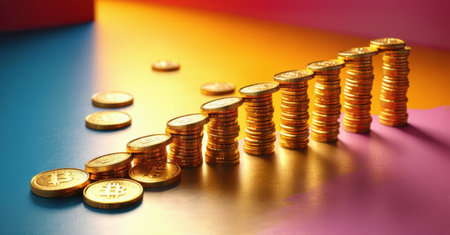 Domino effect with gold coins tipping over in perfect succession, symbolizing financial strategy, market volatility, investment risk, cryptocurrency trends, economic cyclesの素材