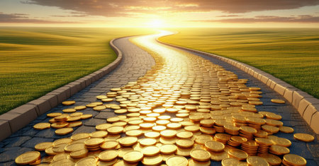 Winding road paved with gold coins stretches toward glowing horizon, symbolizing prosperity, financial success, wealth journey, investment opportunities, economic growthの素材