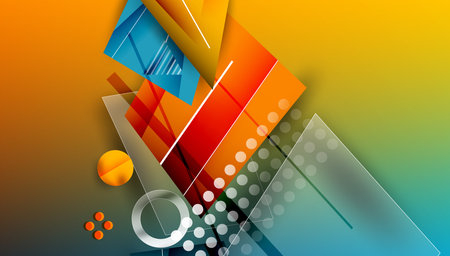 Abstract background - overlapping circles, rectangles, and triangles with vibrant gradients. Semi-transparent shapes create depth and balanceのイラスト素材