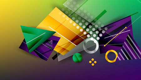Abstract background - overlapping circles, rectangles, and triangles with vibrant gradients. Semi-transparent shapes create depth and balanceのイラスト素材