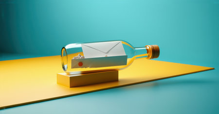 Message in a bottle floating above geometric mountains, symbolizing seamless communication, reliability, reaching destinations, responding to inquiries, ensuring customer satisfactionの素材