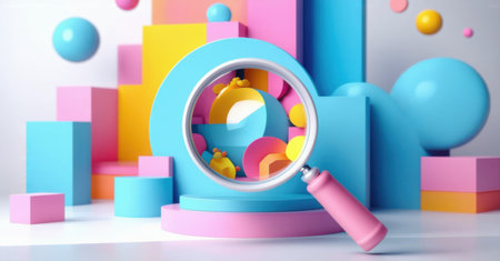 Magnifying glass revealing hidden details in geometric structures, symbolizing precision, clarity, problem-solving, attention to customer issues, thorough analysis, transparencyの素材