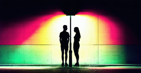 Two silhouettes standing under streetlight, facing each other against vibrant gradient wall in yellow, pink, green hues, deep contrast, urban atmosphere, dramatic compositionの素材