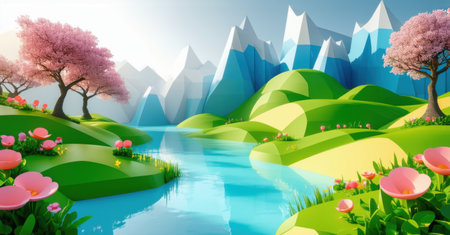 Vibrant landscape with rolling green hills, blooming flowers, flowing river, tall trees, snow-capped mountains under bright blue sky, warm sunlight, geometric contrast, serene sceneの素材