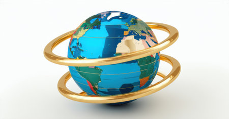 Glossy blue globe encircled by golden rings, symbolizing trade, communication, and innovation, representing global interconnectivity, finance, technology, and progressの素材