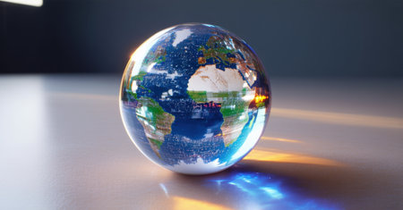 Transparent crystal globe resting on smooth reflective surface, capturing a detailed world map with glowing city lights, deep contrast, warm reflections, futuristic perspectiveの素材