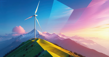 Wind turbine atop mountain peak symbolizes energy, sustainability, power, technology, progress, environment, landscape, global impact, innovation, natureの素材