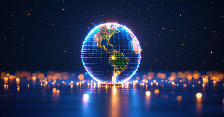 Futuristic digital globe glowing with neon lights, symbolizing worldwide connectivity, data-driven innovation, cyber networks, global communication, abstract visualizationの素材