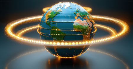 Glossy blue globe encircled by golden rings, symbolizing trade, communication, and innovation, representing global interconnectivity, finance, technology, and progressの素材