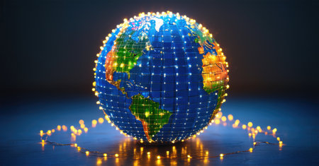 Futuristic digital globe glowing with neon lights, symbolizing worldwide connectivity, data-driven innovation, cyber networks, global communication, abstract visualizationの素材