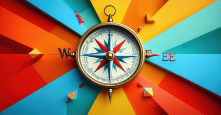 Golden compass with red and blue needle centered on vibrant world map split into warm and cool tones, surrounded by geometric cubes, deep contrast, dynamic perspective, navigation themeの素材