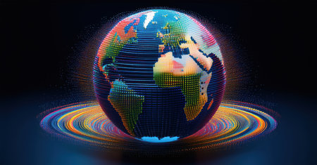 Glowing digital globe wrapped in a network of intersecting lines, symbolizing global connectivity, technology, finance, data exchange, trade, and the future of communicationの素材