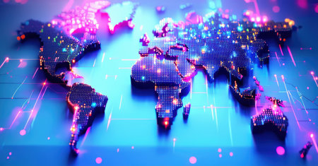 Futuristic digital world map with glowing neon dots representing global hubs, interconnected by illuminated circuits, deep contrast, vibrant blue and pink tones, technological aestheticの素材