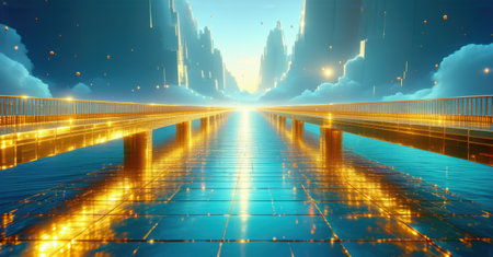 Golden bridge with futuristic design stretching across endless ocean under warm sunset, reflecting sunlight on shimmering water, deep contrast, dynamic perspective, elegant symmetryの素材