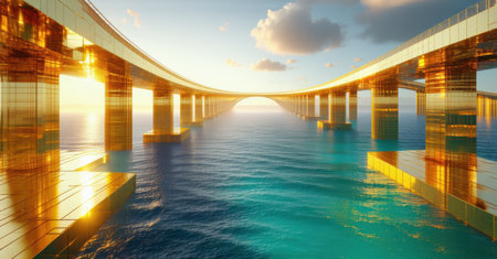 Golden bridge with futuristic design stretching across endless ocean under warm sunset, reflecting sunlight on shimmering water, deep contrast, dynamic perspective, elegant symmetryの素材