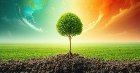 Single seed planted in one region growing into a tree spanning the world. Symbolizing growth, sustainability, global impact, interconnected ecosystems, and prosperityの素材