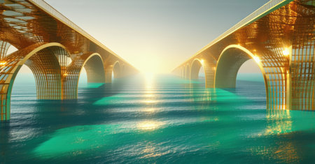 Golden bridge with futuristic design stretching across endless ocean under warm sunset, reflecting sunlight on shimmering water, deep contrast, dynamic perspective, elegant symmetryの素材