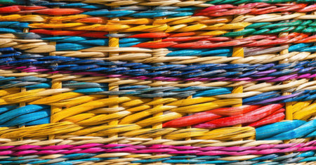 Close-up of woven basket crafted from multicolored fibers worldwide symbolizes craftsmanship, tradition, diversity, texture, pattern, artistry, sustainability, heritage, connectionの素材