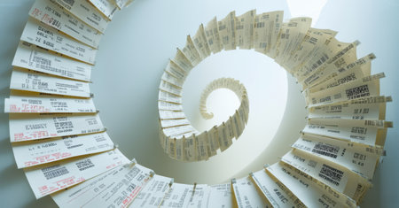 Endless spiral staircase formed by receipts, symbolizing consumer spending, financial habits, inflation, budgeting struggles, economic cycles, shopping behavior, purchasing decisionsの素材